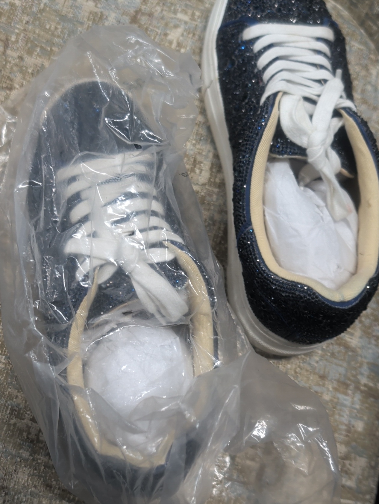 Betsey Johnson Navy Glitter Lace-Up Kids Sneakers With Cream Trim